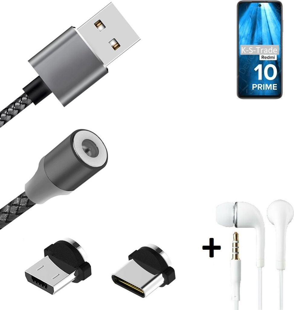 K-S-Trade Hochwertiges Magnet-Lade-kabel Sync-Kabel Daten-Kabel + Kopfhörer für Xiaomi Redmi 10 Prime mit USB-Typ-C-Anschluss und