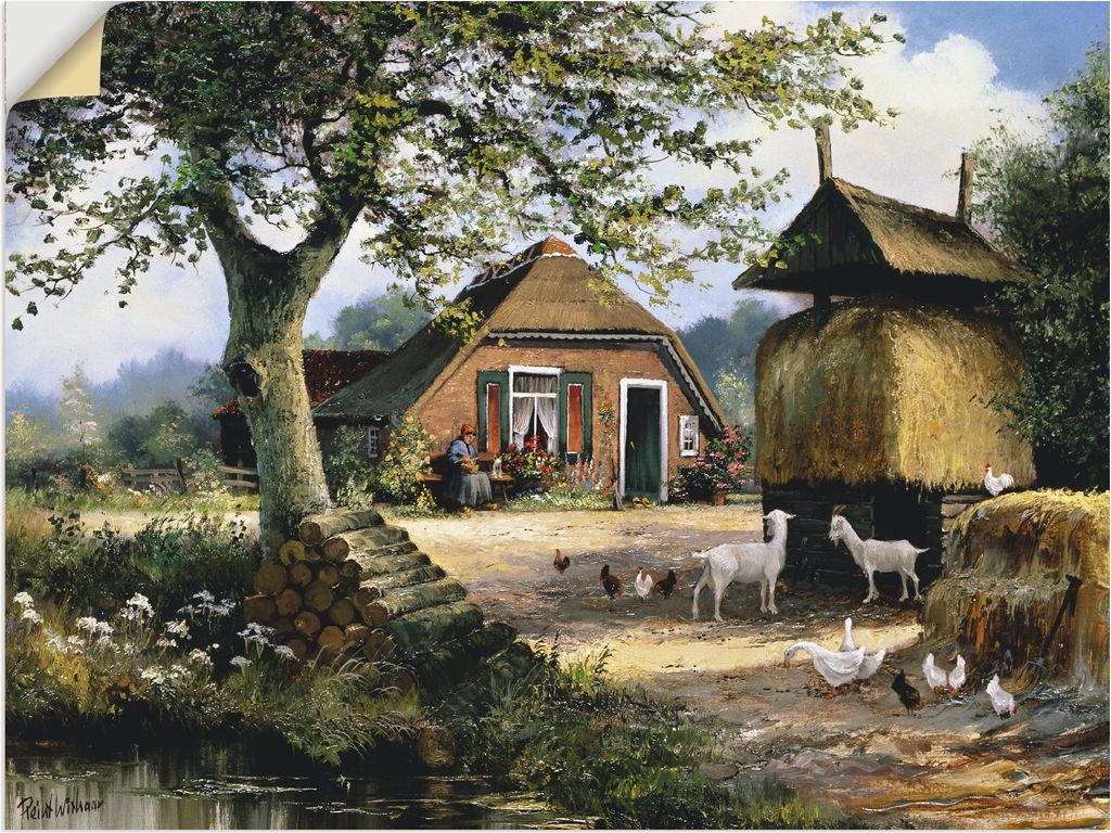 ARTland Wandbild, selbstklebend Idyllische Farm mit Hühnern und Ziegen Größe: 40x30 cm