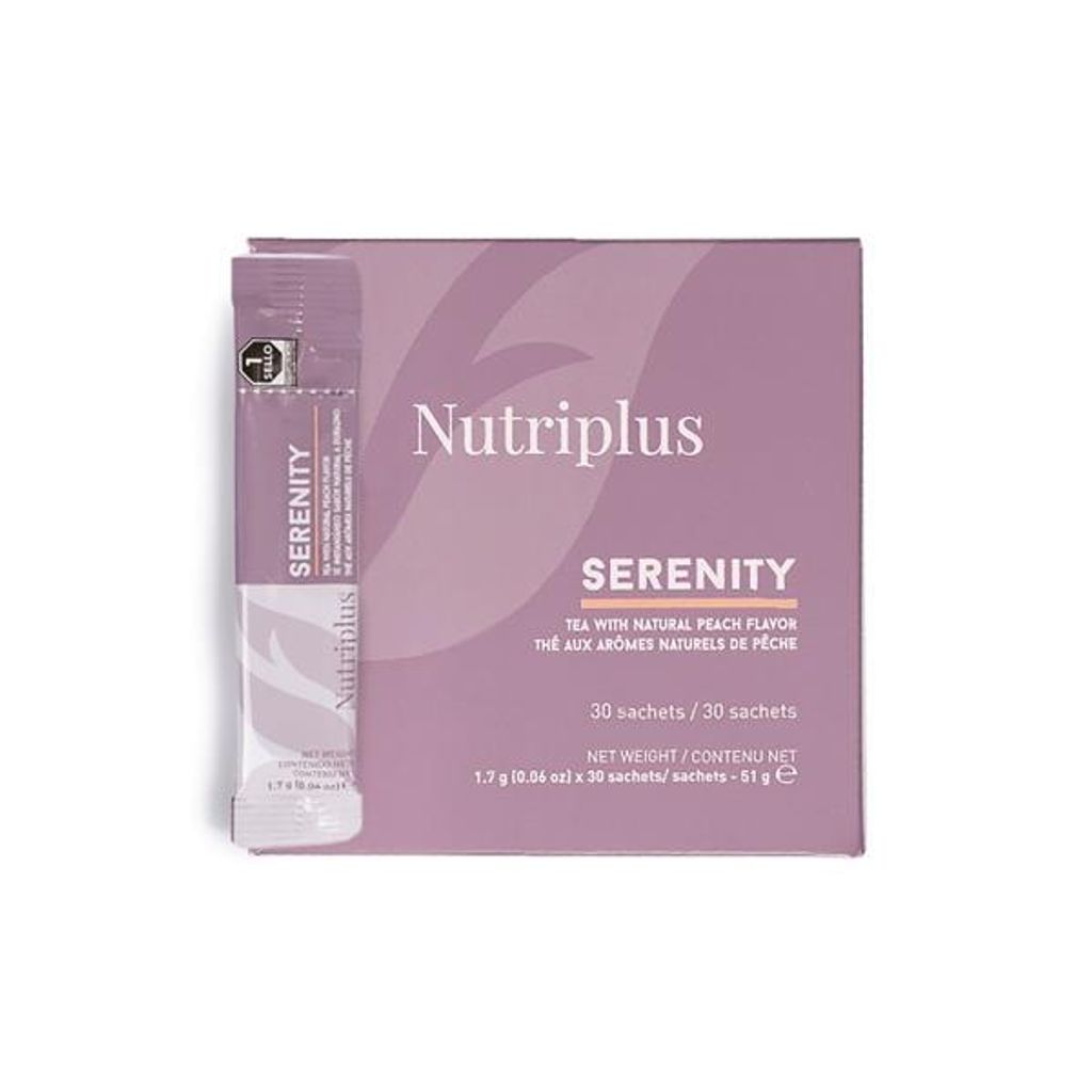 A box of Nutriplus Serenity tea with a single sachet in front of it, on a white background.