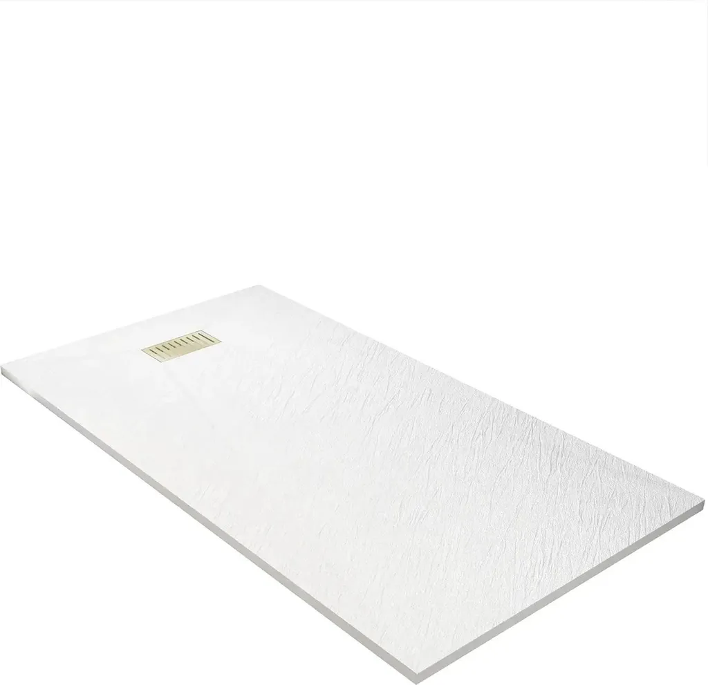 Receveur de douche blanc effet pierre 90x160 cm avec grille linéaire or