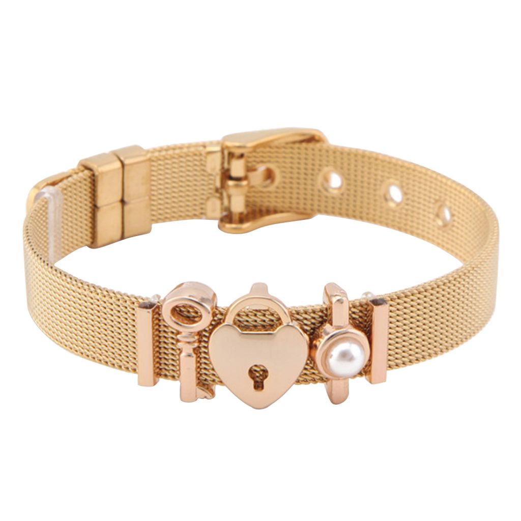 Lady Mesh Edelstahl Schlüssel Herz Vorhängeschloss Charm Kleid Armband Valentinstag Geschenk-Golden