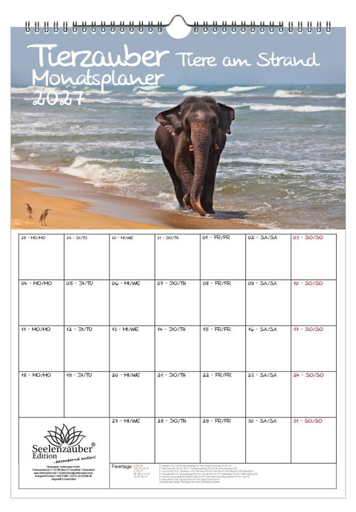 Tierzauber Strand Planer DIN A3 Kalender für 2027 verschiedene Tiere - Set Inhalt: 1x Kalender 1x Weihnachtsanhänger 1x Grußanhänger (gesamt 3 ...