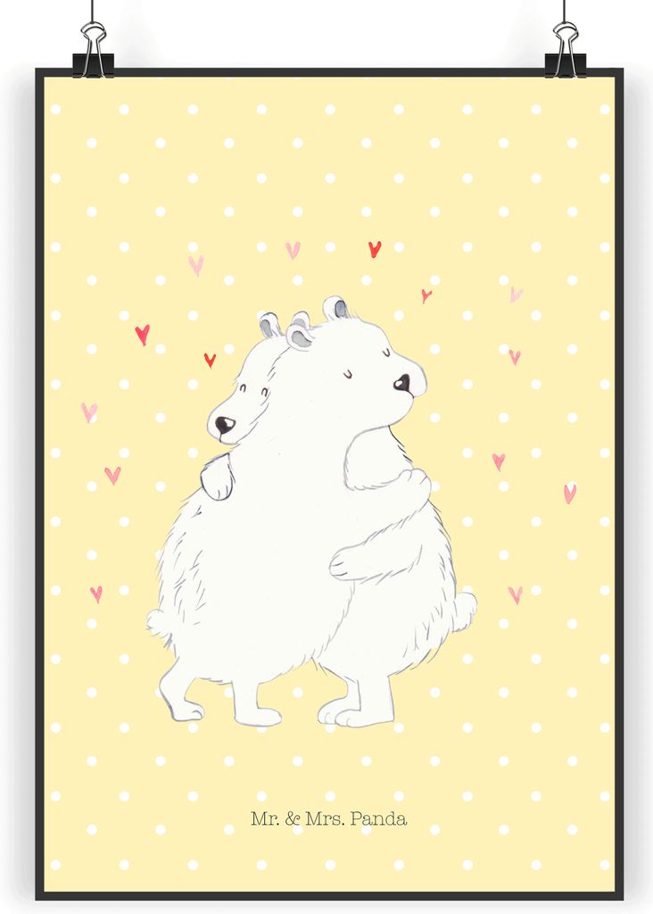 Mr. & Mrs. Panda Bild Eisbär Umarmen DIN A4 - Gelb Pastell - Geschenk, Wanddeko, Wandbild, Lustige Sprüche, Kunstdruck, drucke, poster