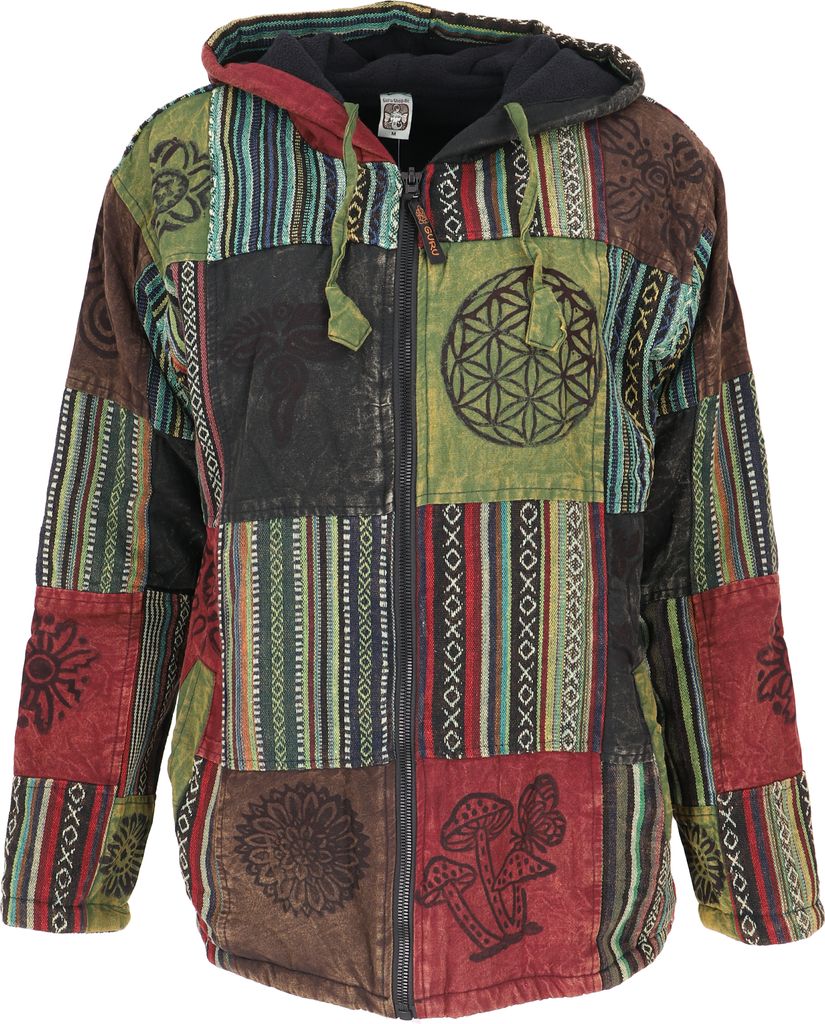 Guru-Shop Kapuzenjacke Herren Goa Jacke, Patchwork Sweatshirt Jacke - grün/bunt multicolor XL