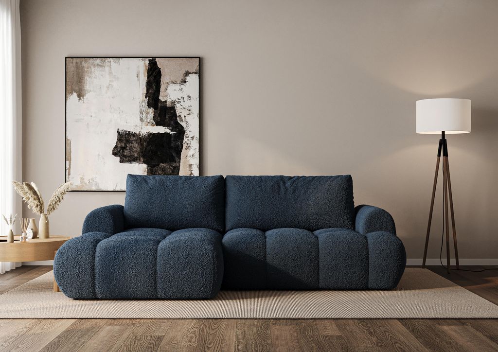 Ecksofa BALI L mit Schlaffunktion und Bettkasten, Bouclé-Stoff Coral, Gesteppte Sitzfläche, 3-Sitzer L-Form