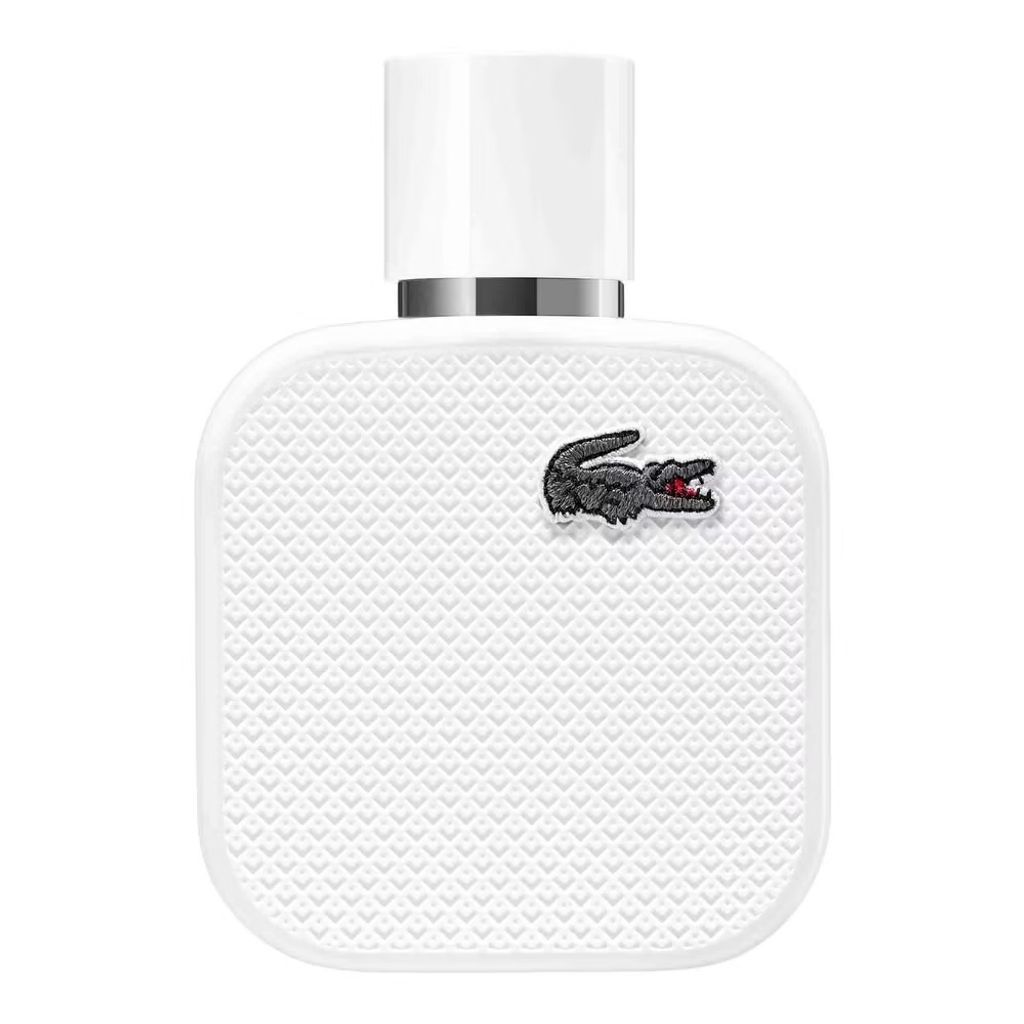 A white bottle of Lacoste L.12.12 Blanc Men Eau De Parfum Spray.