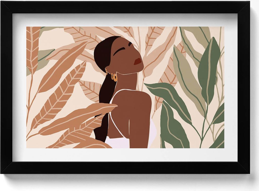 Illustration einer Frau zwischen Blättern im Boho-Stil– Wandbild mit Rahmen – Gerahmtes Bild – Wanddekoration – 30x20 cm – Schwarz Rahmen