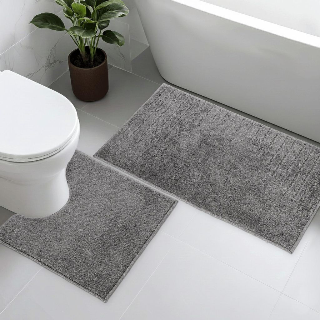 2 Stück Badematten Set Rutschfest Mikrofaser Dariana Joy 57x100+57x50 cm Badteppiche Badezimmerteppich Badvorleger +WC Teppich, Grau mit Ausschnitt