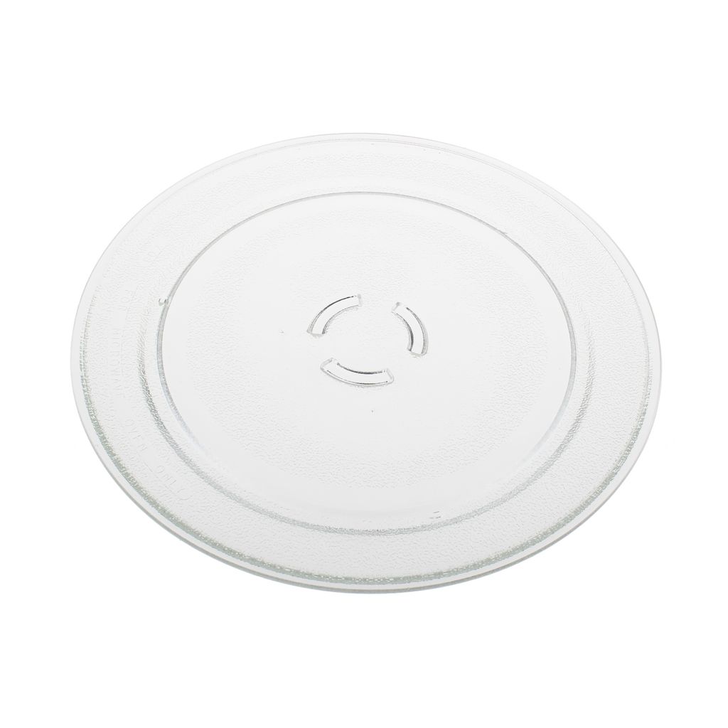 A clear glass turntable plate for a microwave.