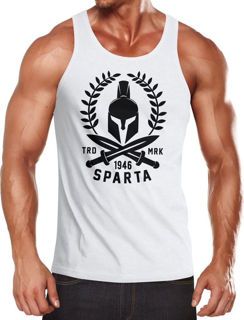 Herren Tank-Top Sparta Schriftzug Spartaner-Helm Schwert Muskelshirt Muscle -Shirt Neverless weiß S