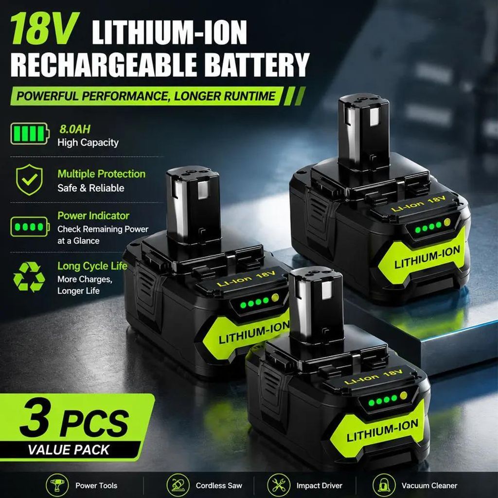 18V Ersatzakku Set 3 Stück - Li-Ion Akkupack P104 P107 P108 P109 - Hohe Kapazität 8,0Ah 8000mAh - Für 18V Elektrowerkzeuge