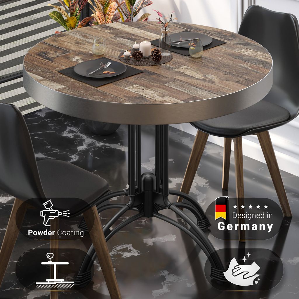 BMLG | Bistro Tisch | Ø 80 x 77 cm | Rund | Edelstahl Rand | Vintage Old / Schwarz | Bistrotisch Gastro Tisch