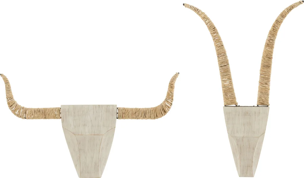 Décoration Murale Tête de Taureau en Bois et Rotin Naturel J-Line x2