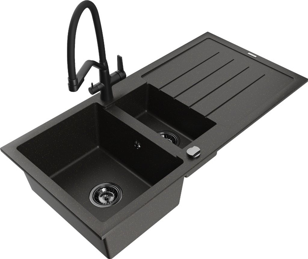 Mexen Andres 1,5-Becken-Granitspüle mit Abtropffläche und Mischbatterie Duo, Schwarz/Gold metallisch - 6515-75-671701-70-B