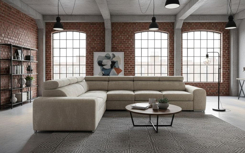 Wohnero24 Ecksofa L-Form PAVONE 5 330 x 260 cm – großes Chenille Sofa Beige mit Schlaffunktion 190 x 125 cm & Bettkasten, verstellbare Kopfstützen