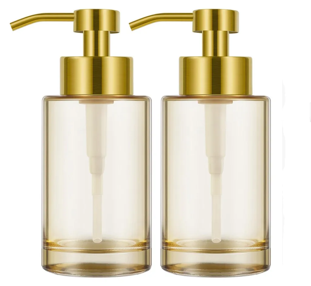 Lot de 2 Distributeurs de Savon en Verre Ambre 340ml avec Pompe Inox