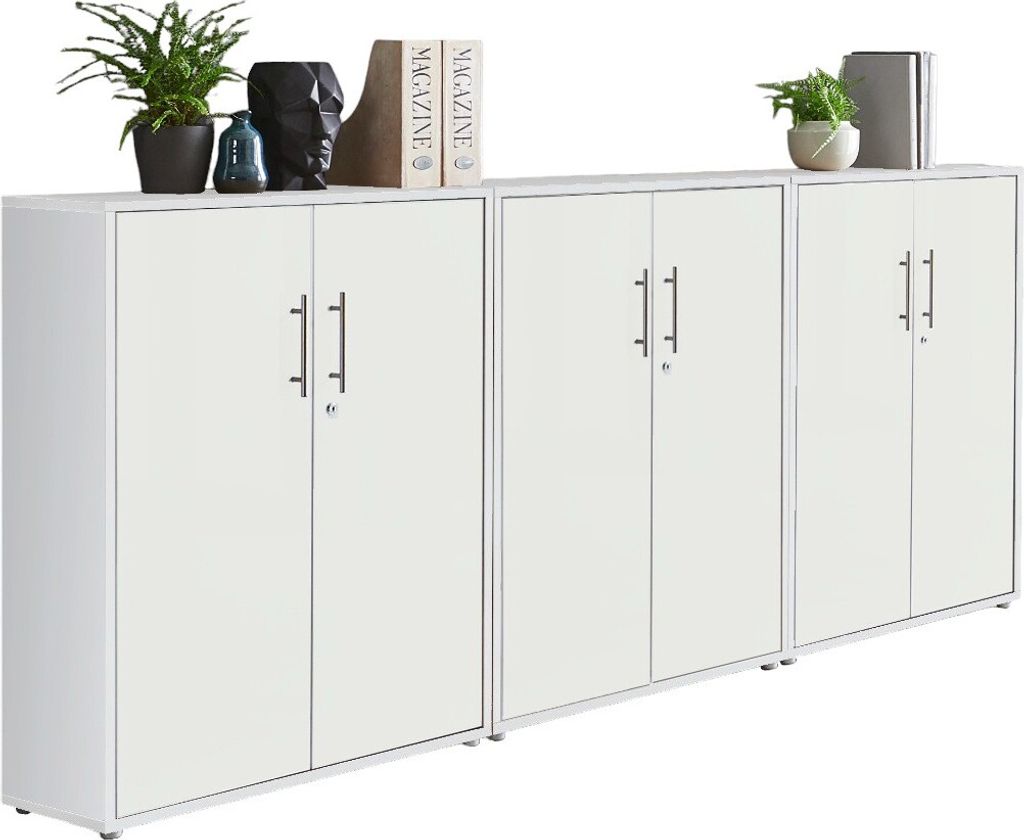 Aktenschrank TABOR 99 in weiß / weiß matt, Schrankwand, Büroschrank, abschließbar, Metallgriffe