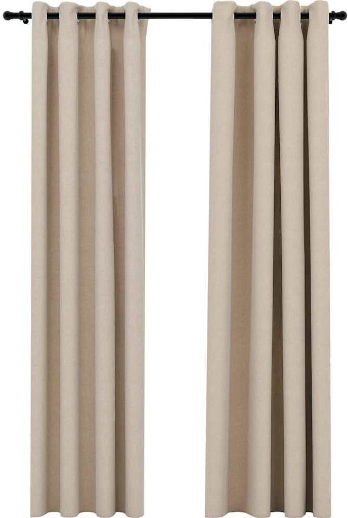 Two beige curtains hanging from a black curtain rod against a white background.