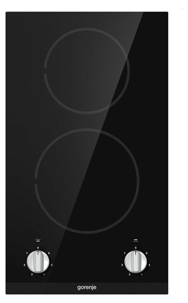 A top-down view of a black electric stovetop with two heating elements and two control knobs.
