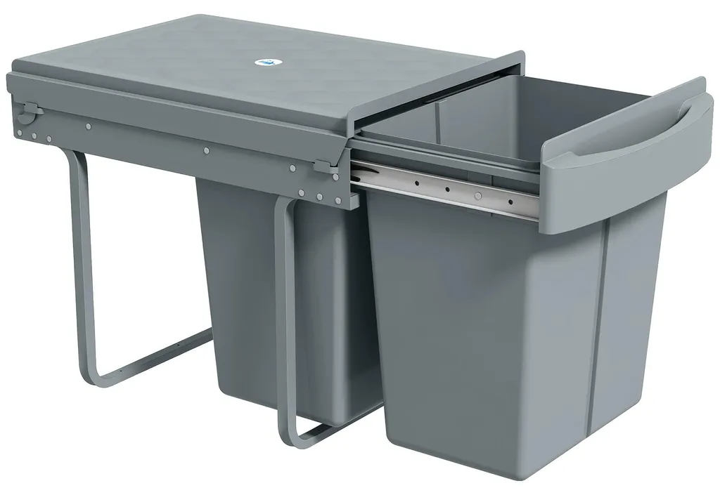 Poubelle coulissante 20L double bac grise avec mécanisme de glisse fluide