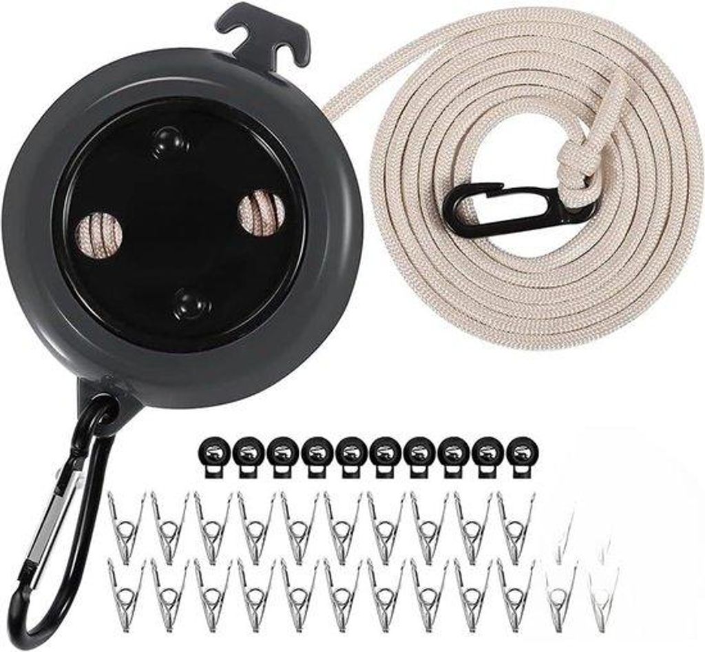Ziehleine, 8m, klappbar, 20 Clips, schwarz, für Camping, Reisen