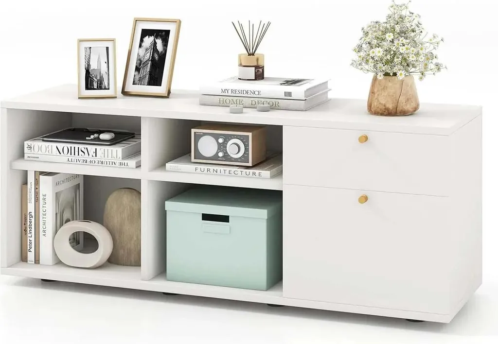 Meuble TV bas en bois blanc pour écran 124 cm idéal rangement salon chic