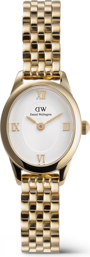A close-up studio shot of a gold-colored Daniel Wellington watch with a white face.
