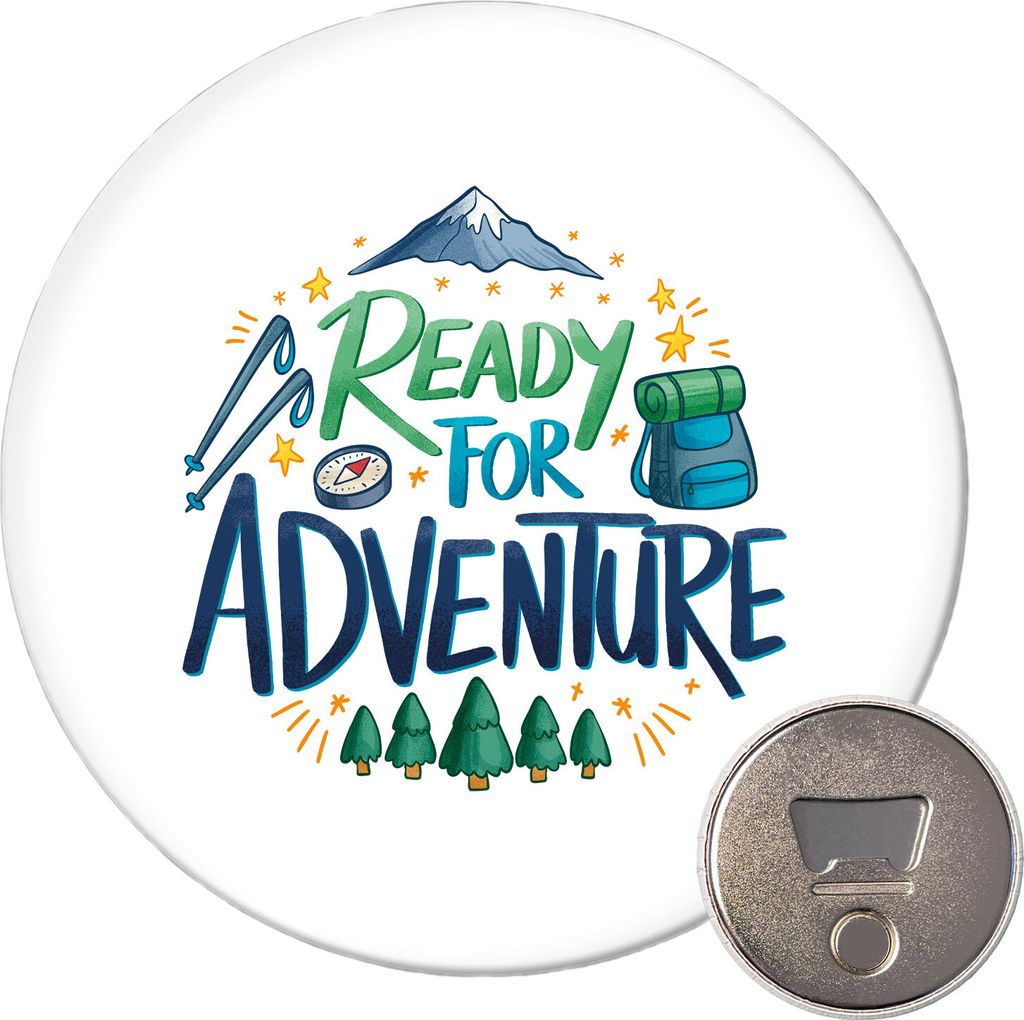 Huuraa Magnet Ready for Adventure Berge 59mm Kühlschrankmagnet rund Flaschenöffner Geschenkidee