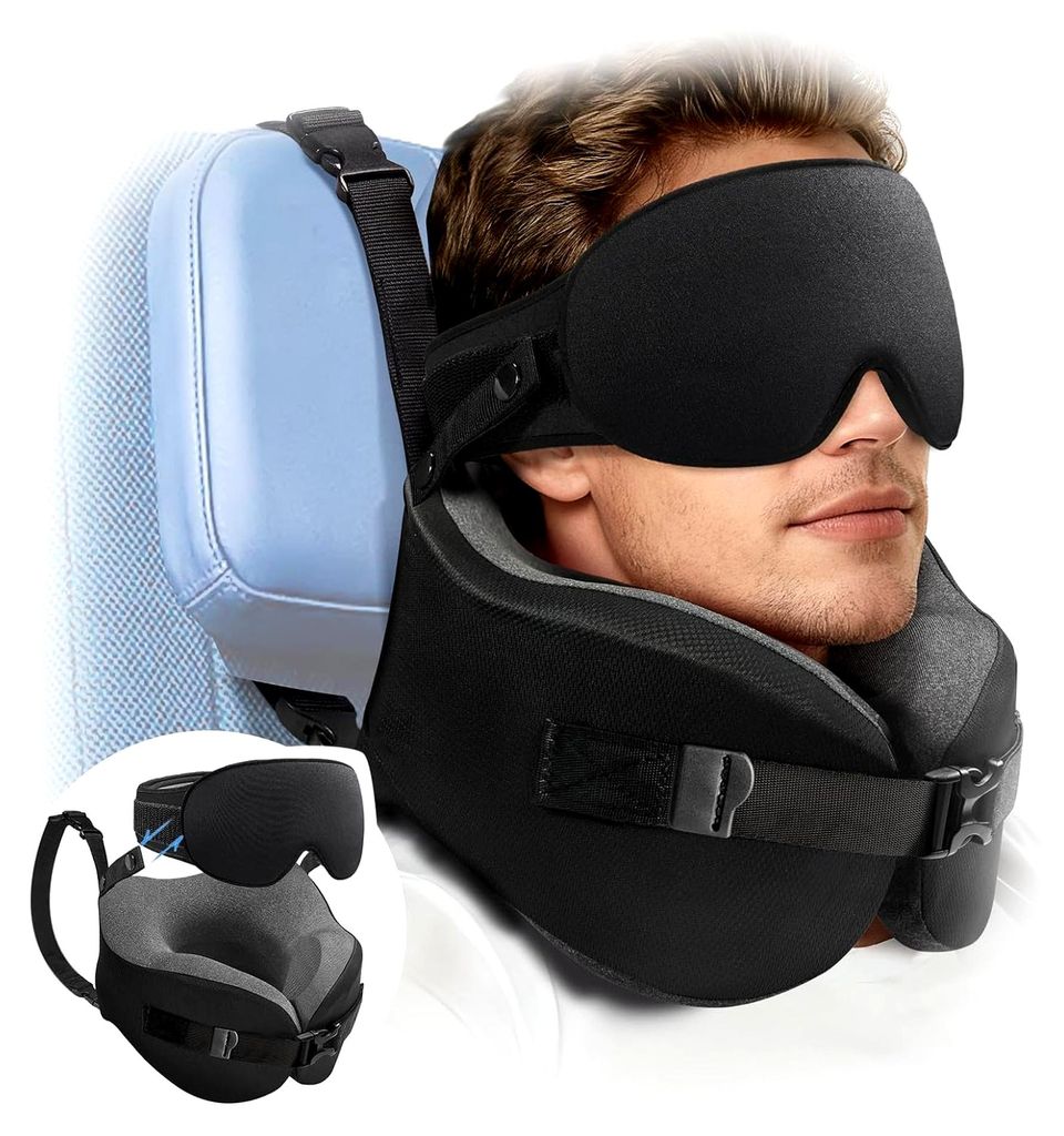 Nackenkissen Flugzeug für Langen Flug, mit 3D-Schlafmaske, Nackenkissen Memory Foam 360° Stütze an Kopf & Nacken, Reisekissen Verhindert Kopf-Ni...