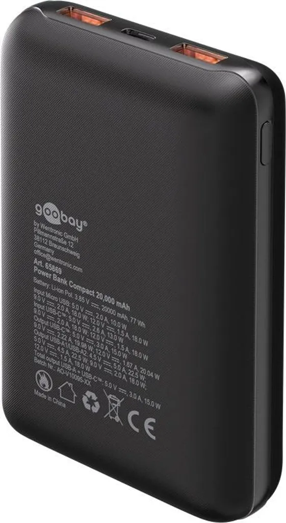 Goobay 20000mAh Power Bank 22W - Caricatore Portatile PD & QC Nero