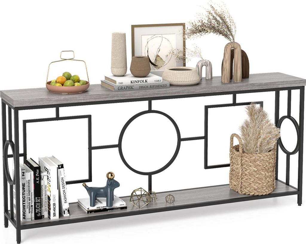 COSTWAY Vintage Konsolentisch 180cm, Flurtisch mit 2 Ebenen&Metallgestell, Sofatisch schmal, Eingangtisch Holz, Beistelltisch für Wohnzimmer, Büro