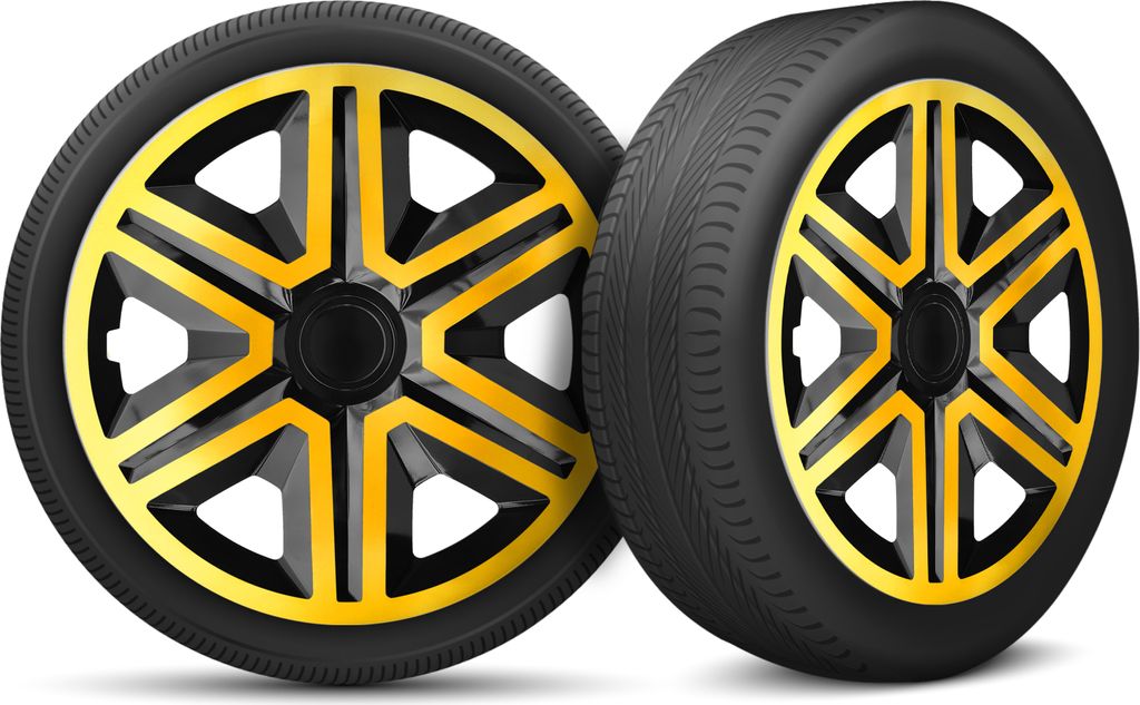 Auto Radkappen Radzierblenden 4er Set passend für alle Stahlfelgen - einstellbarer Sicherungsring - 14 Zoll - Schwarz Gold