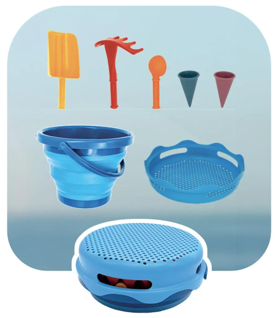 Schildkröt Set 7-en-1 De Jouets De Sable – Seau Pliable 3L Avec 6 Outils, Compact Et Robuste, Bleu, Fabriqué En Allemagne