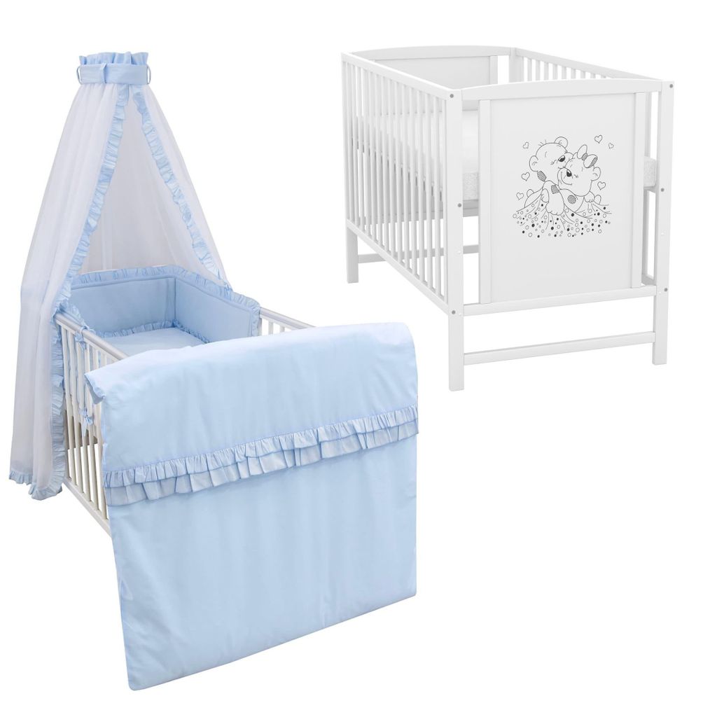 Baby-Delux Babybett Gitterbett Mia weiß 60x120 inkl. Matratze Bettwäsche Set 10tlg Royal Rüsche Blau