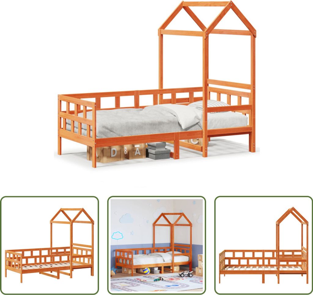 The Living Store Tagesbett mit Dach Wachsbraun 90x200 cm Massivholz Kiefer