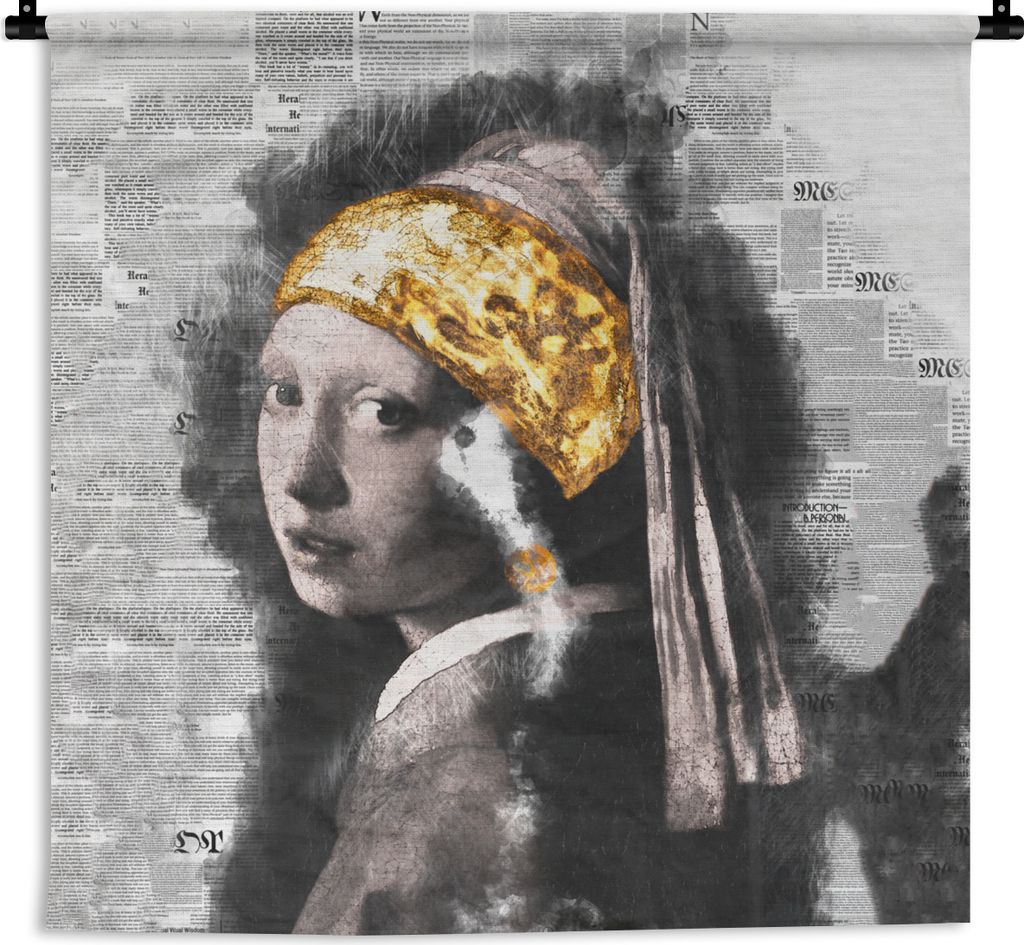 MuchoWow Wandteppich Wandbehang Das Mädchen mit dem Perlenohrring - Vermeer - Gold 150x150 cm Tapisserie Dekoration Wandtuch - Wohnaccessoires -...