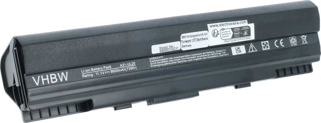 vhbw Akku kompatibel mit Asus Eee PC 1201N-PU17-BK, 1201HAG, 1201HAB, 1201, 1201N, 1201K, 1201NL, 1201HA Notebook (6600 mAh, 11,1 V, Li-Ion)
