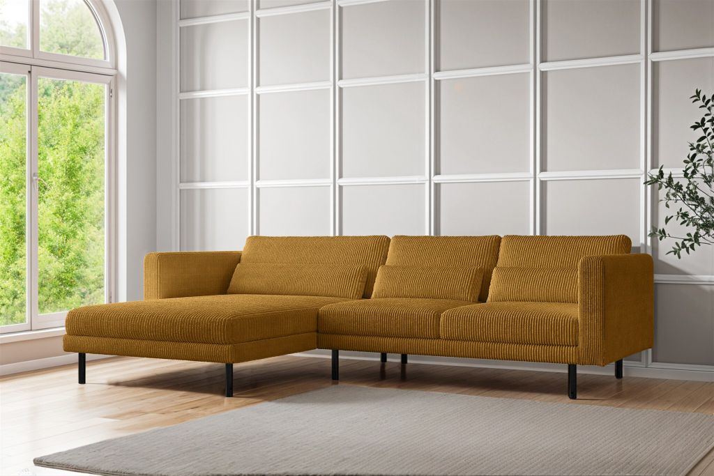 Ecksofa Designersofa AGADA in Stoff Poso Senfgelb Ottomane Links