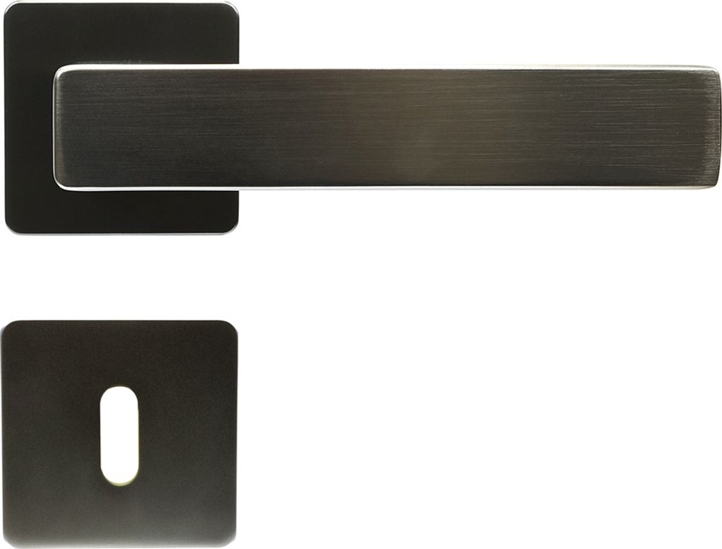 A door handle set with a square escutcheon plate for a keyhole.