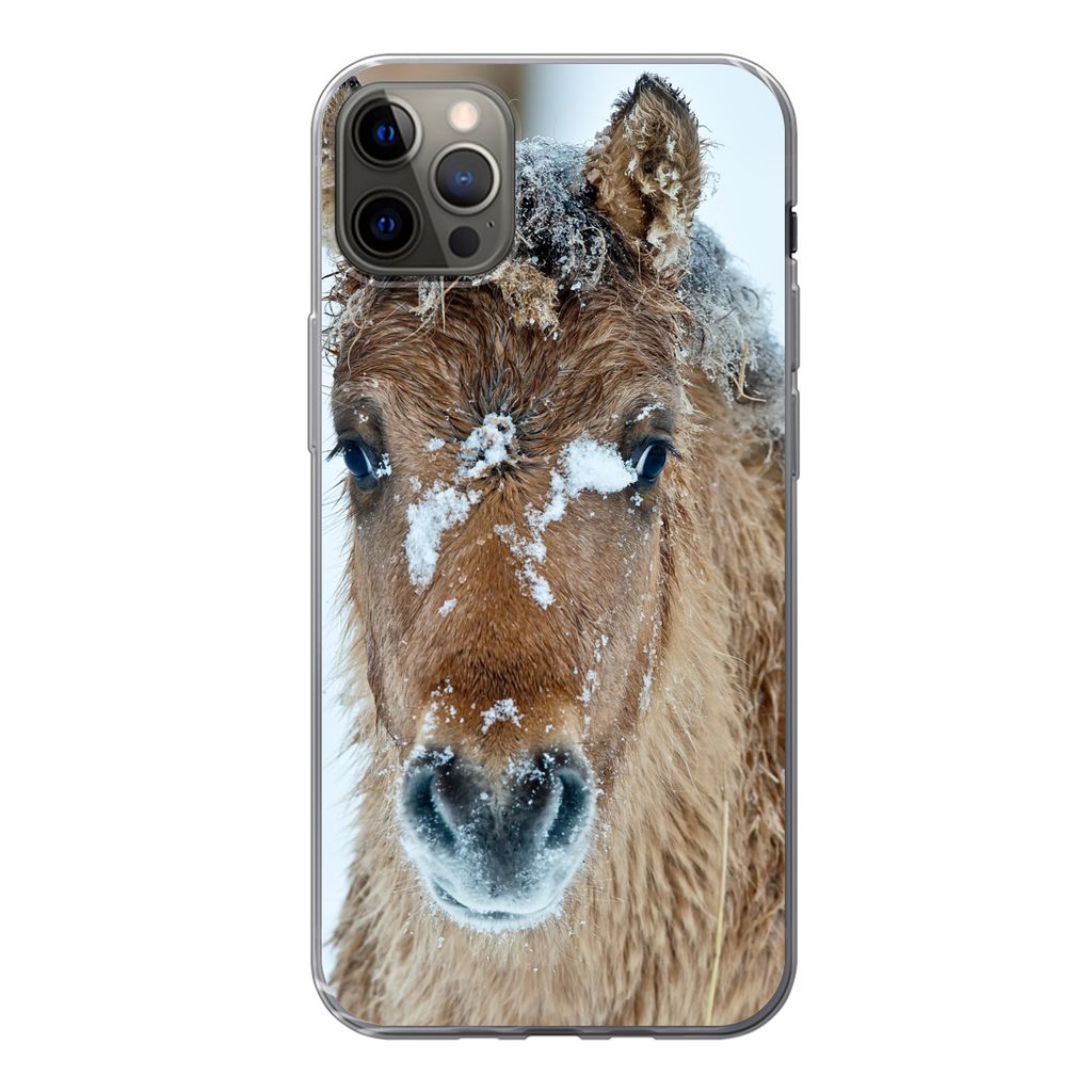 MuchoWow Handyhülle Schutzhülle Hülle für iPhone 12 Pro Max Junges Fjordpferd mit Schnee bedeckt Silikon Softcase Handy Hülle - Hartschale