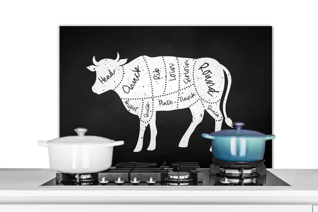 KitchenYeah Spritzschutz Küche - Küchenrückwand - Wandschutz für Herd und Spüle - Kuh - Küche - Fleisch 90x60 - Alu-Dibond (Alternative zum...