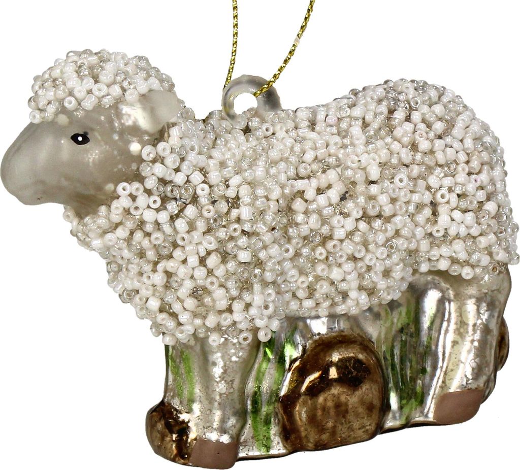 Christbaumschmuck Glas 10,5cm Schaffigur mit Perlenschmuck Weiß / Silber