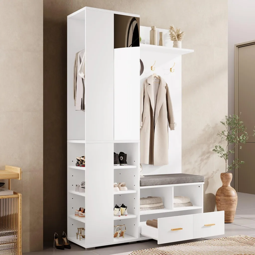 Optimiser l'entrée : Vestiaire blanc 120x35cm avec banc et miroir mural