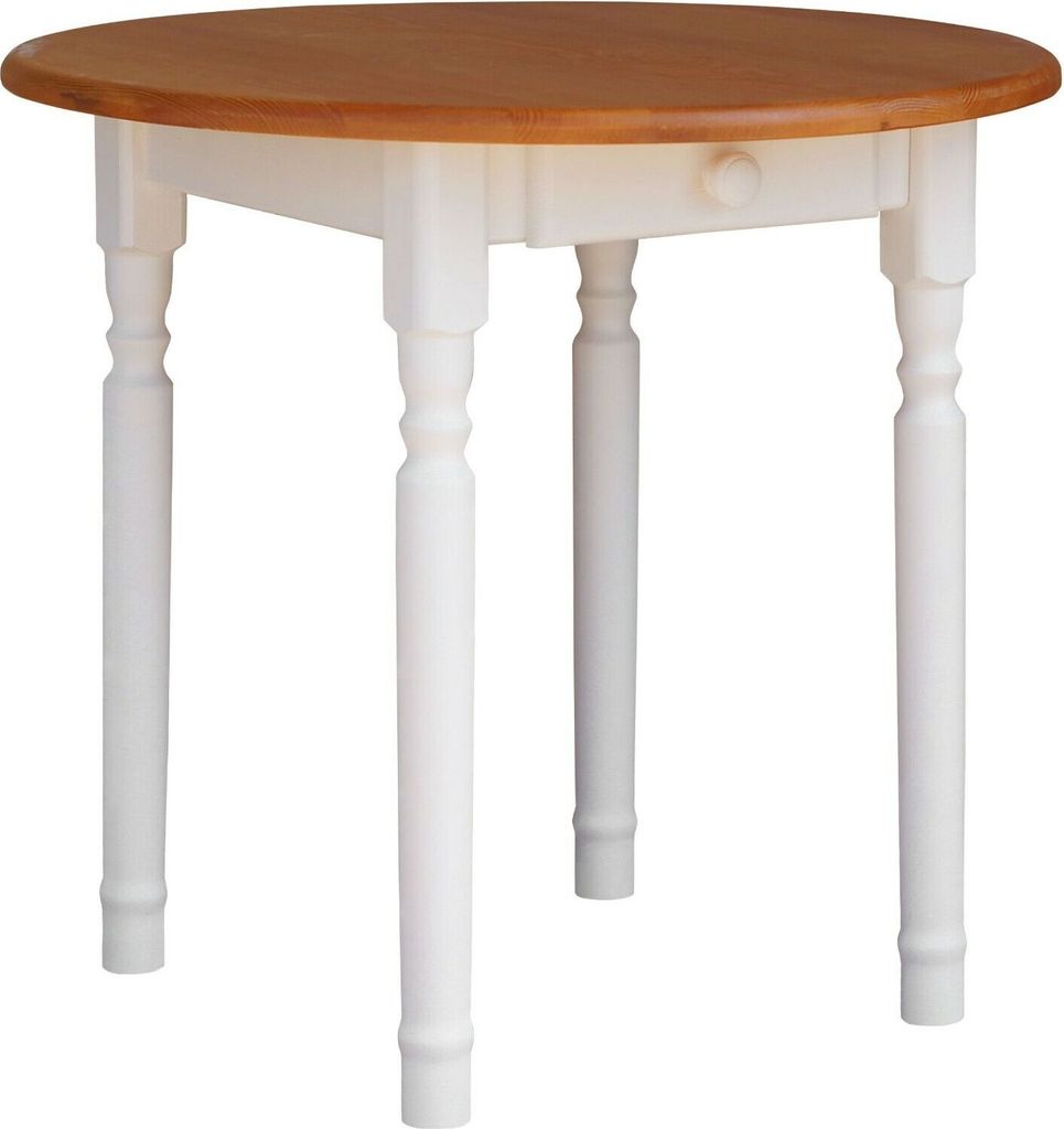 A round dining table with a wooden top and white legs, shown from the front.