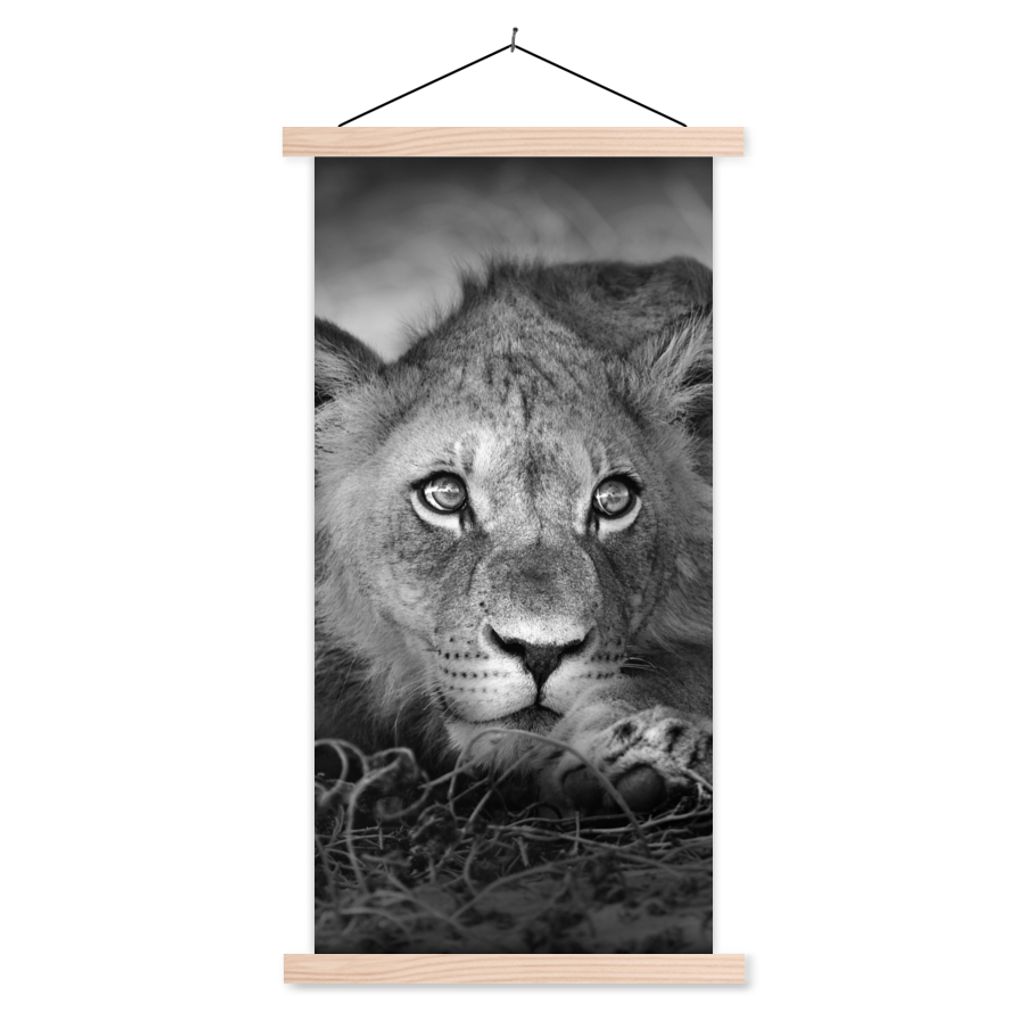 MuchoWow Textilposter Wildtiere - Löwe - Natur - Schwarz - Weiß 60x120 cm mit holzfarbenen Rahmen - Holz