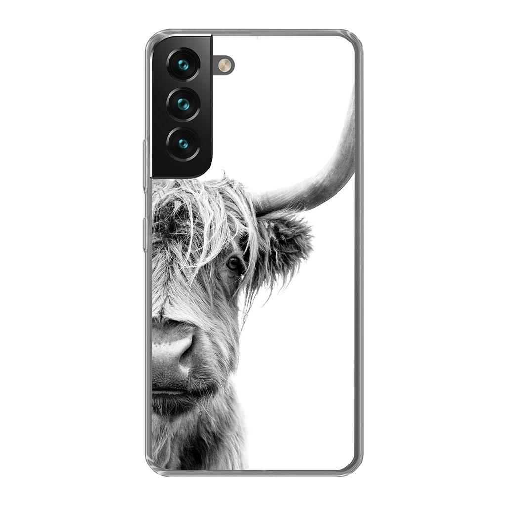 MuchoWow Handyhülle Schutzhülle Hülle für Samsung Galaxy S22 Schottischer Highlander - Tiere - Schwarz - Weiß Silikon Softcase Handy Hülle ...