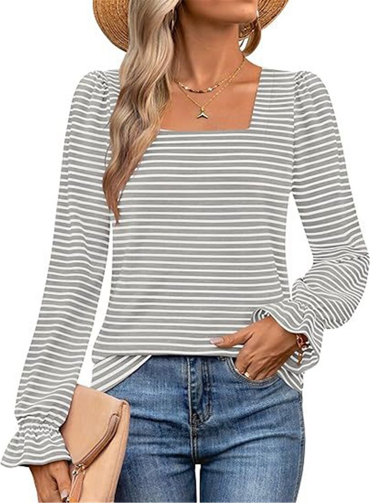 ASKSA Damen Langarm T-Shirt Gestreifte Quadratischer Ausschnitt Puffaermel Herbst Elegant Casual Tunika Oberteile (Grau,L)