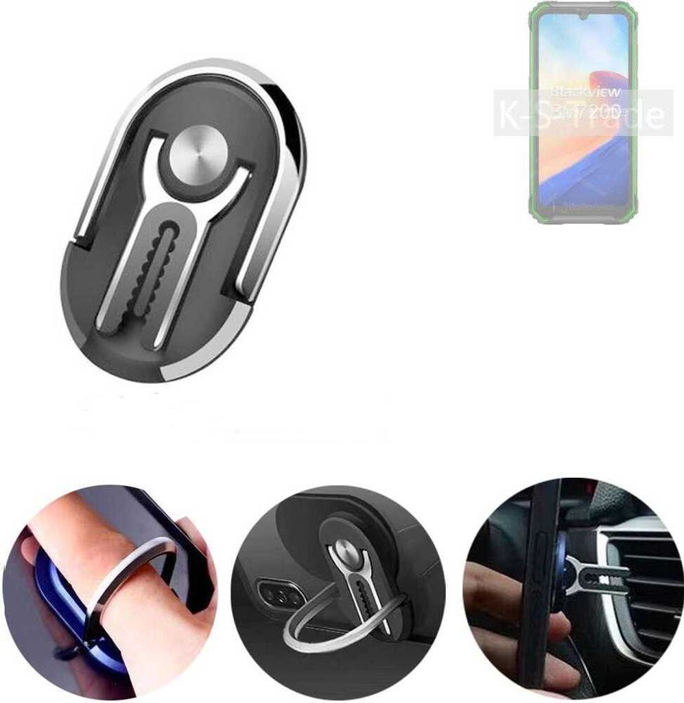 K-S-Trade 3in1 Smartphone-Ring Handy-Ring kompatibel mit Blackview BV7200 Fingerhalterung Handyring Tischständer Lüftungsgitter-Halterung Tisch