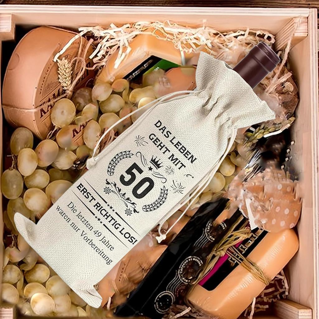 2 Stück Weinflasche Geschenktaschen Leinen Weinbeutel mit Zugband Geschenk zum 50. Geburtstag Hochzeit Feier Geburtstagsgeschenke Leinen 14,5x34,5...