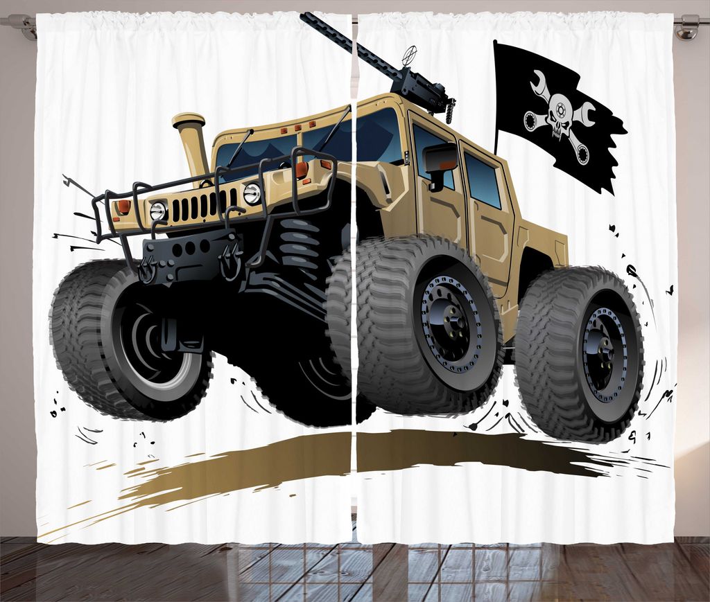 ABAKUHAUS Karikatur Rustikaler Gardine, Off Road Safari LKW, Schlafzimmer Kräuselband Vorhang mit Schlaufen und Haken, 280 x 225 cm, Grau braun